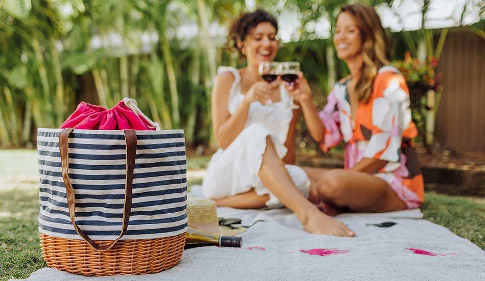 Two people sitting barefoot on a picnic blanket and toasting with red wine glasses with a striped Picnic Time tote in the foreground