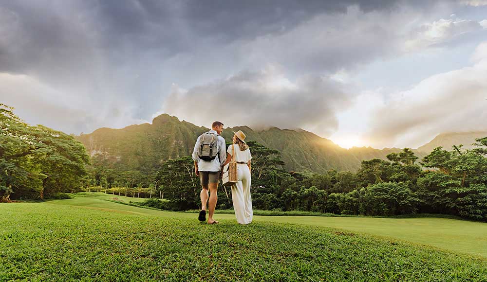Couple viewed from behind in a scenic field with picnic totes
