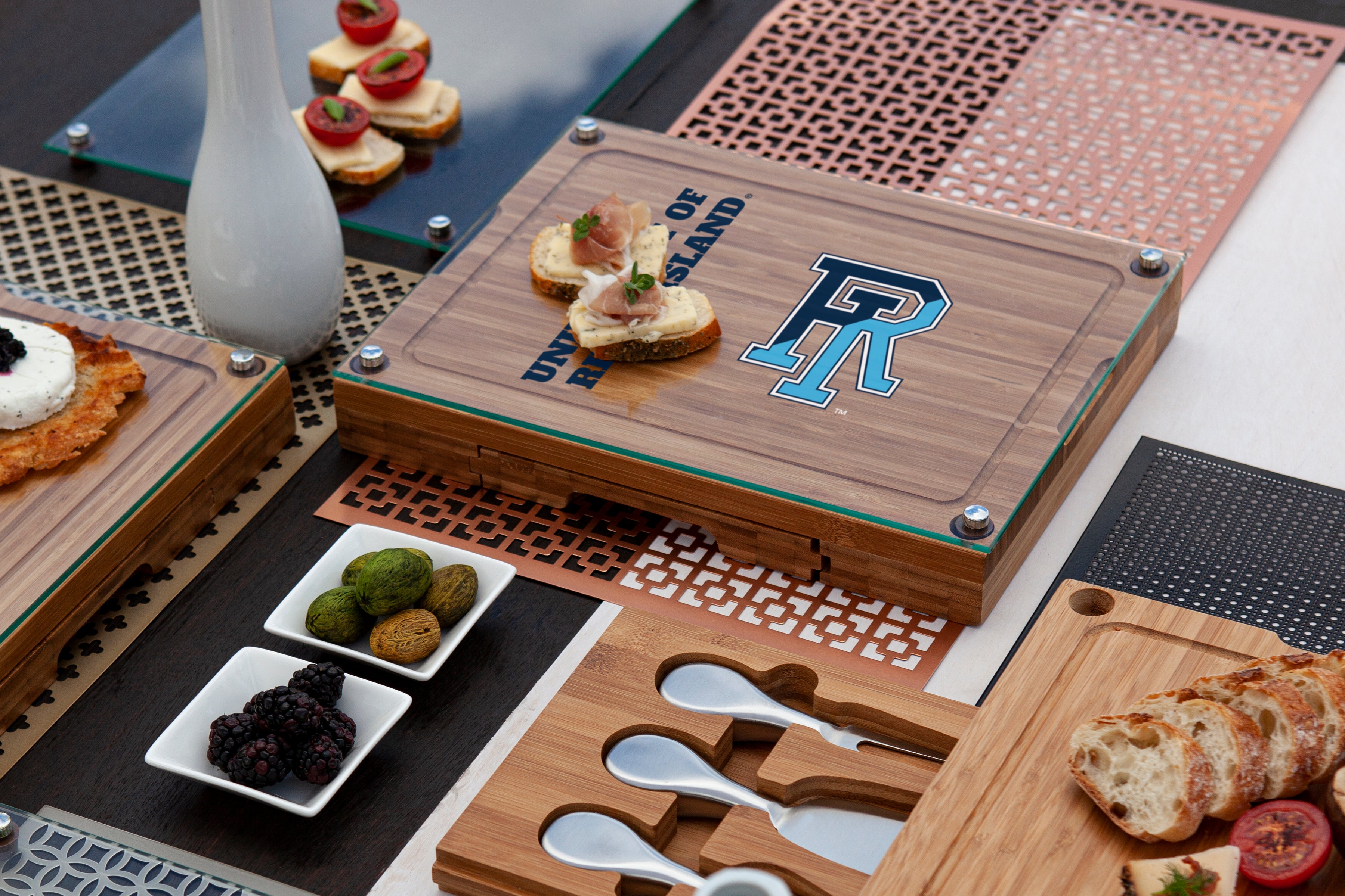 Rhode Island Rams - Concerto Glass Top Cheese Cutting Board & Tools Set