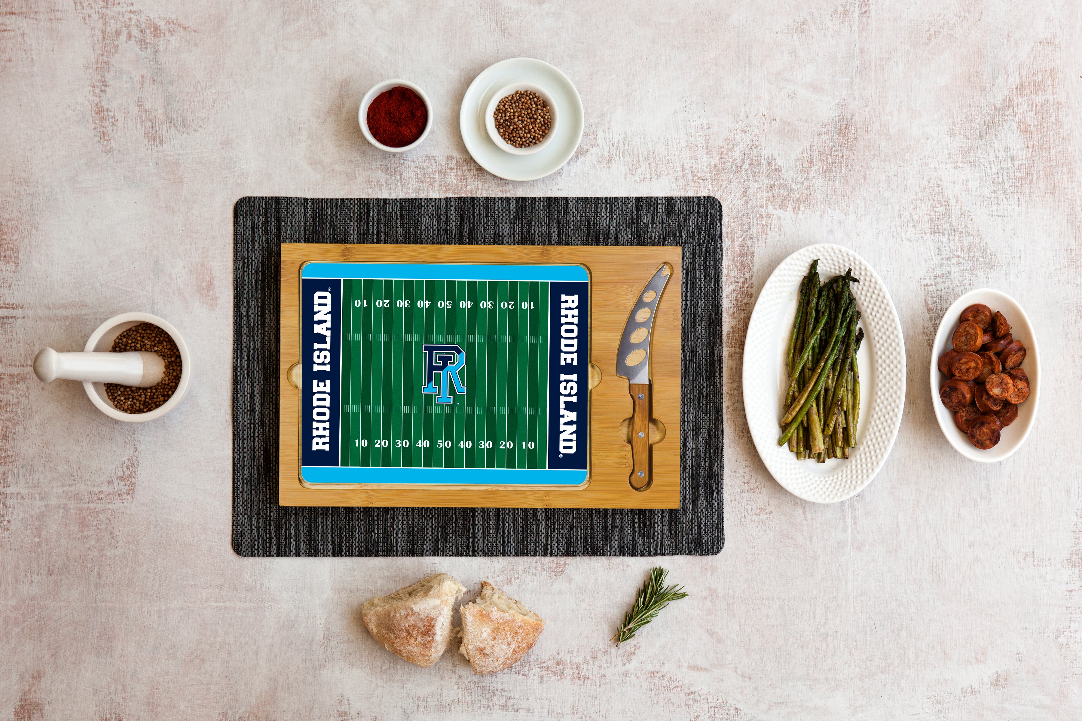 Rhode Island Rams - Icon Glass Top Cutting Board & Knife Set