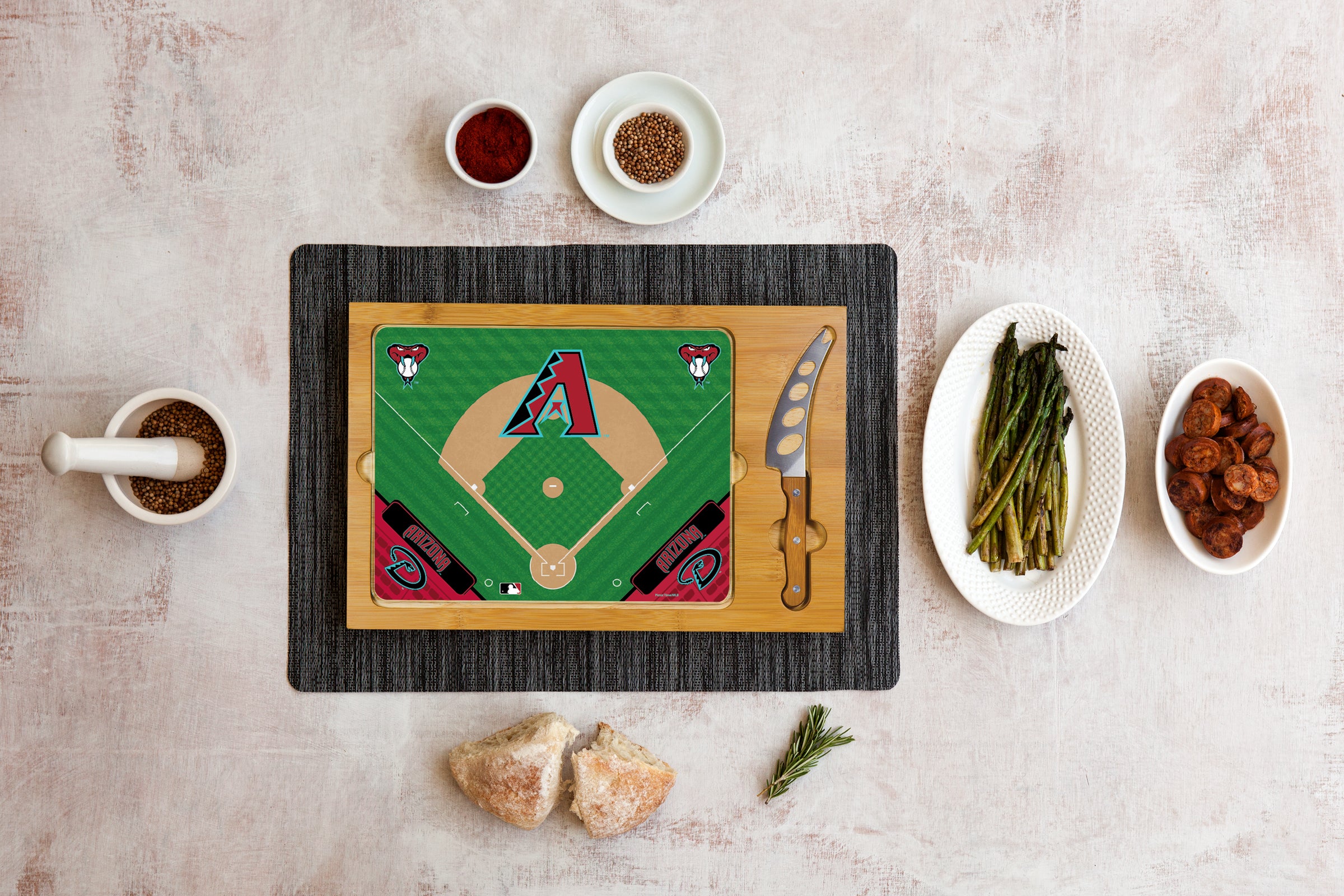 Arizona Diamondbacks Baseball Diamond - Icon Glass Top Cutting Board & Knife Set