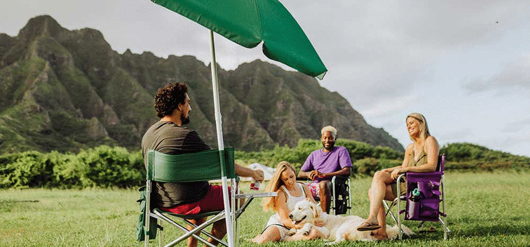 Group of people enjoying a scenic picnic under an umbrella