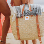 Hermosa Woven Beach Cooler Bag, (Beige with Brown Accents)