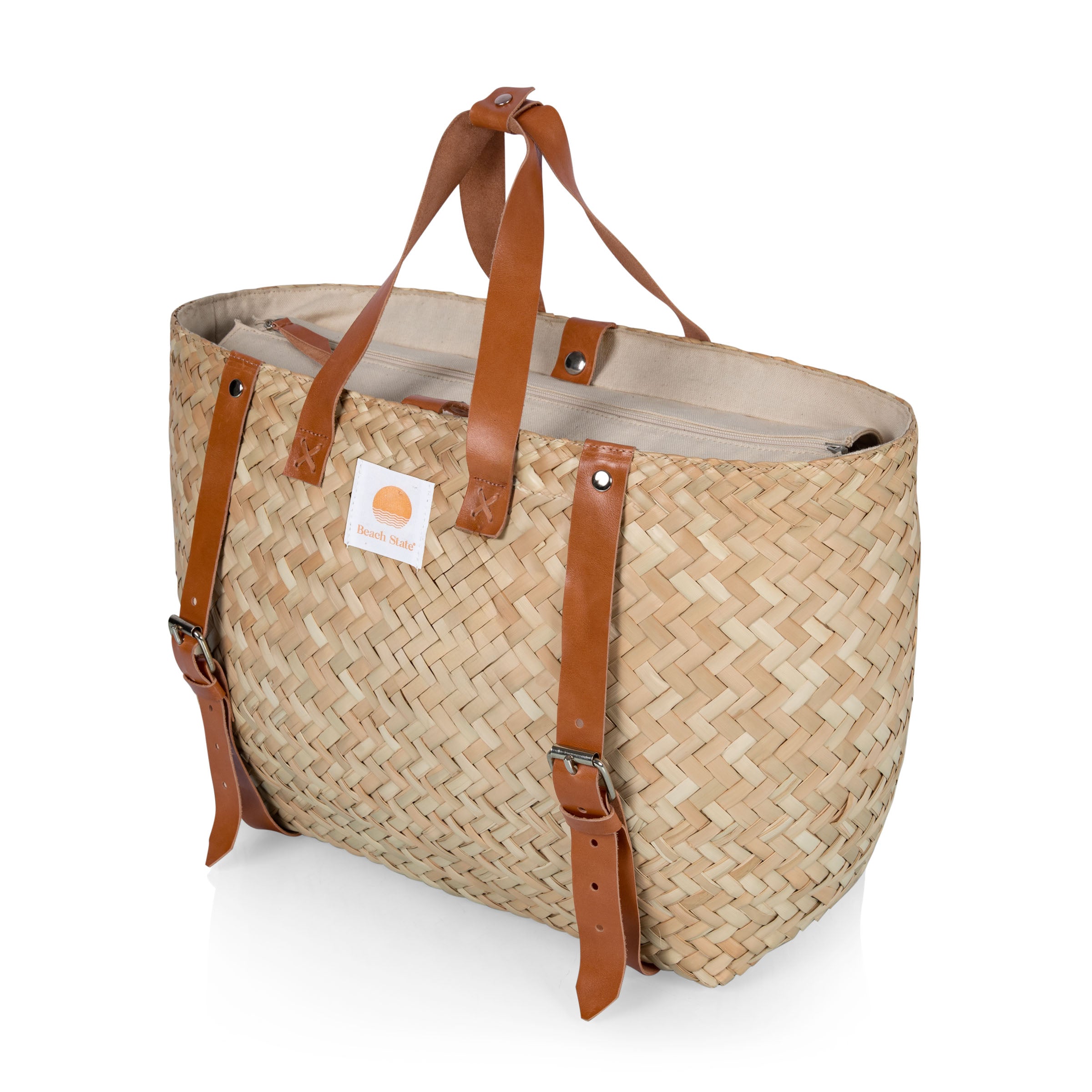 Hermosa Woven Beach Cooler Bag, (Beige with Brown Accents)