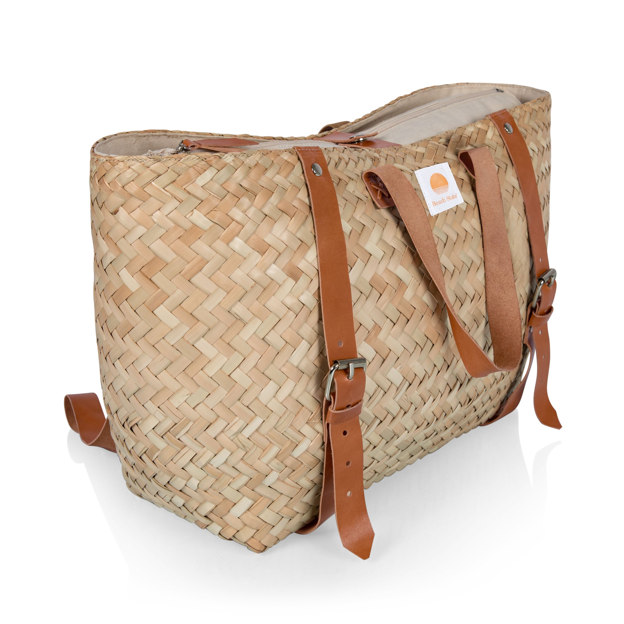 Hermosa Woven Beach Cooler Bag, (Beige with Brown Accents)