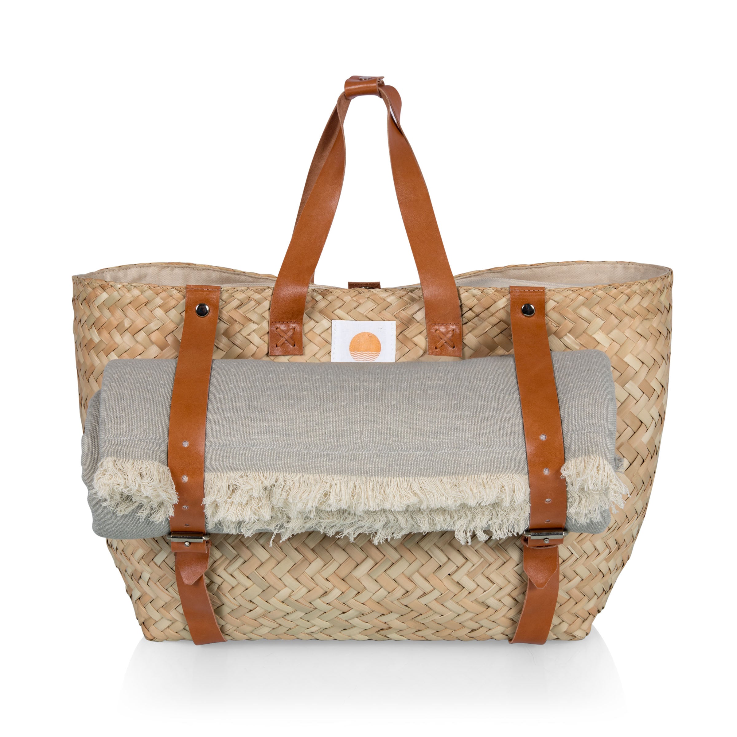 Hermosa Woven Beach Cooler Bag, (Beige with Brown Accents)