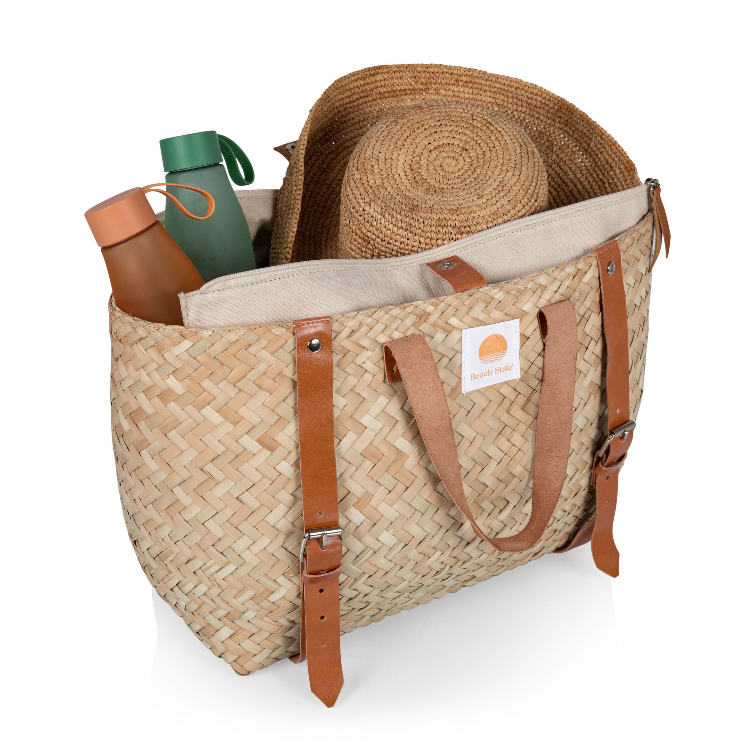 Hermosa Woven Beach Cooler Bag, (Beige with Brown Accents)