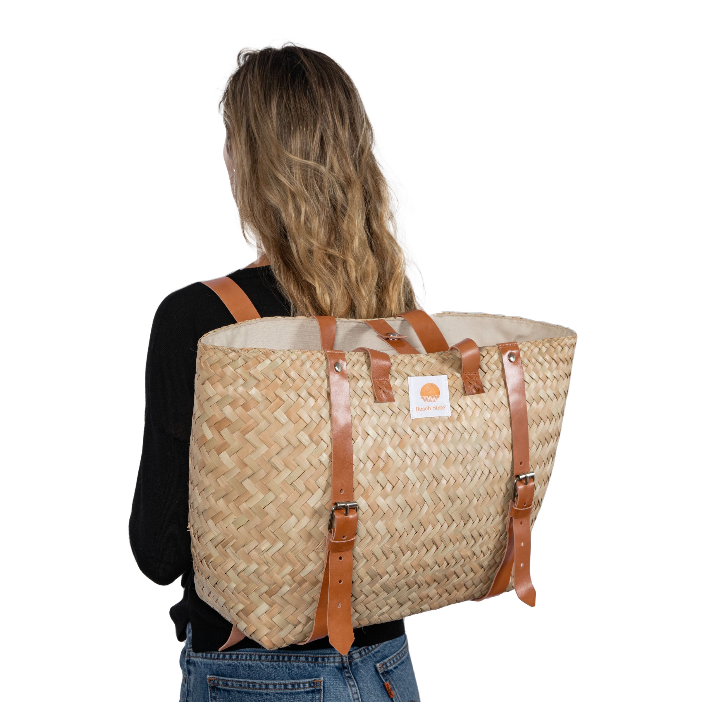 Hermosa Woven Beach Cooler Bag, (Beige with Brown Accents)