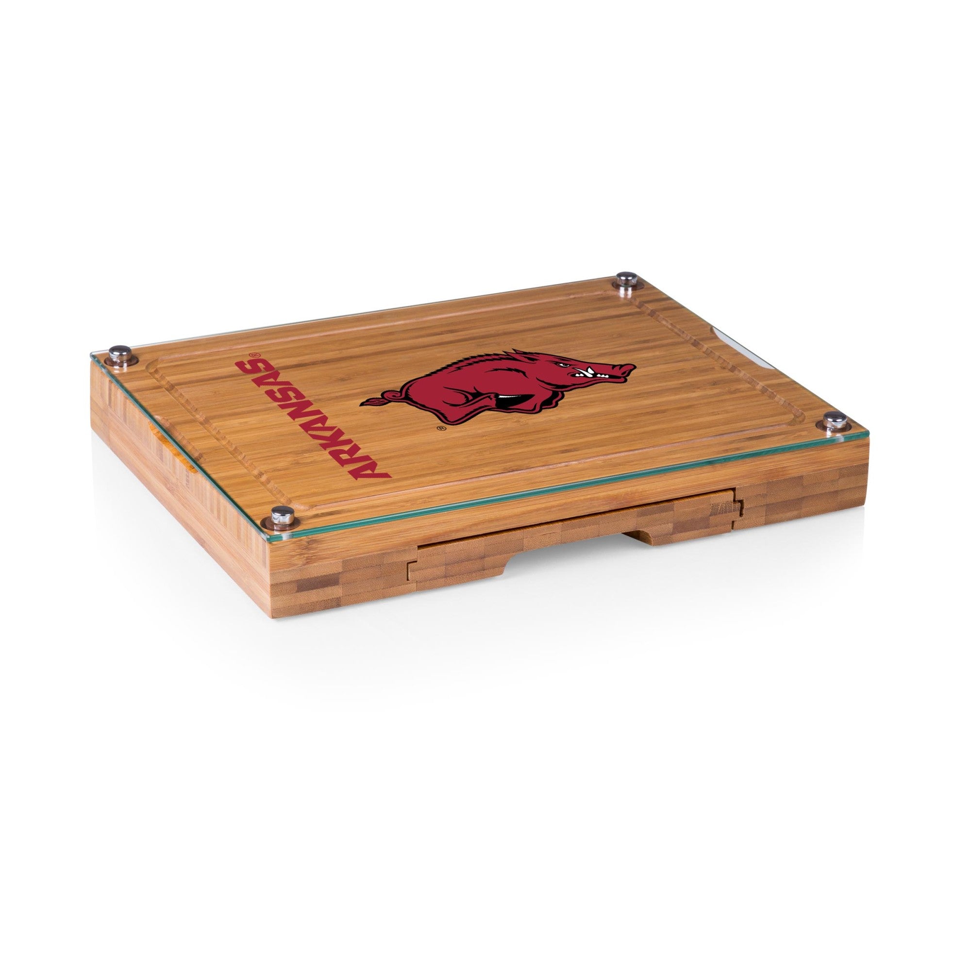 Arkansas Razorbacks - Concerto Glass Top Cheese Cutting Board & Tools Set