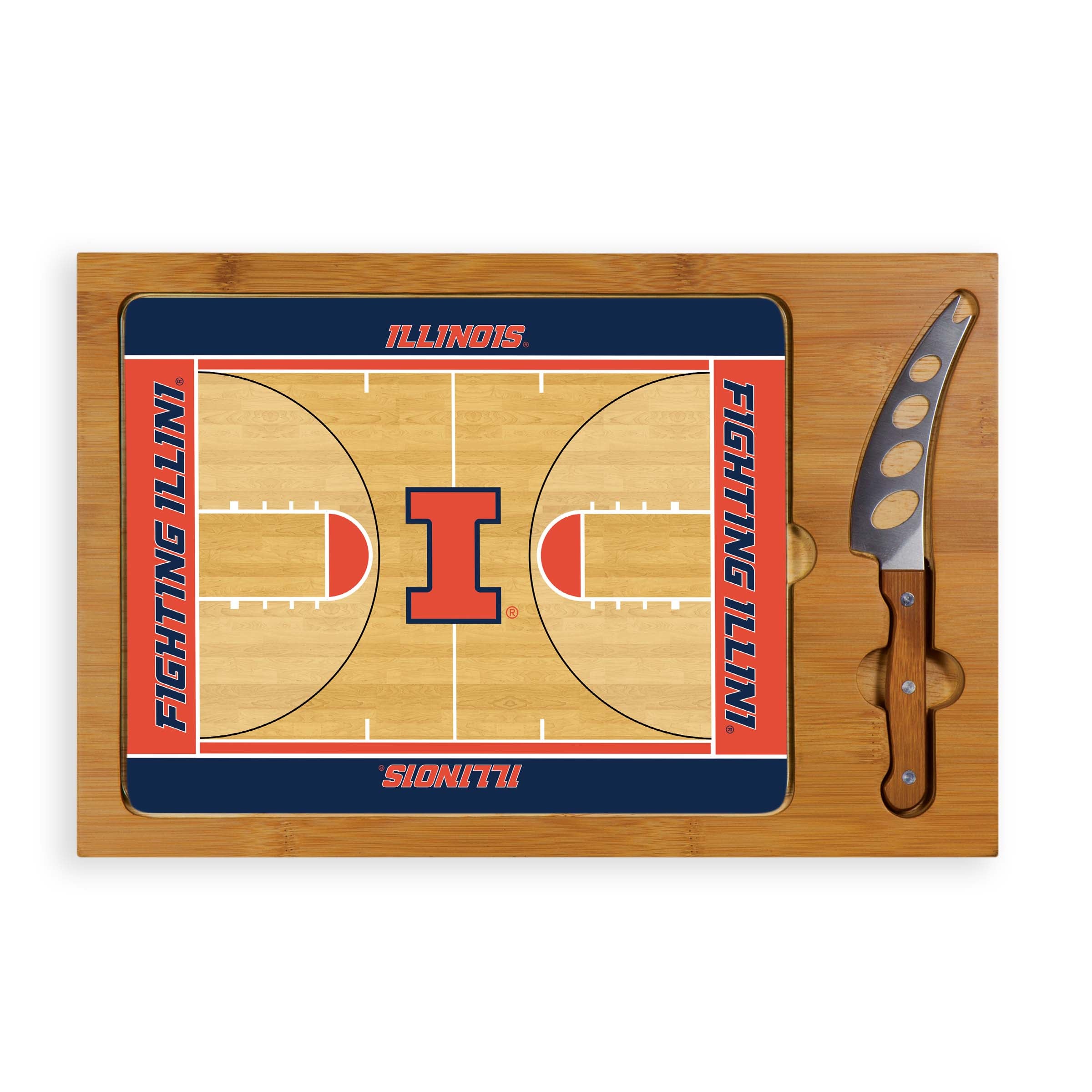 Illinois Fighting Illini Basketball Court - Icon Glass Top Cutting Board & Knife Set