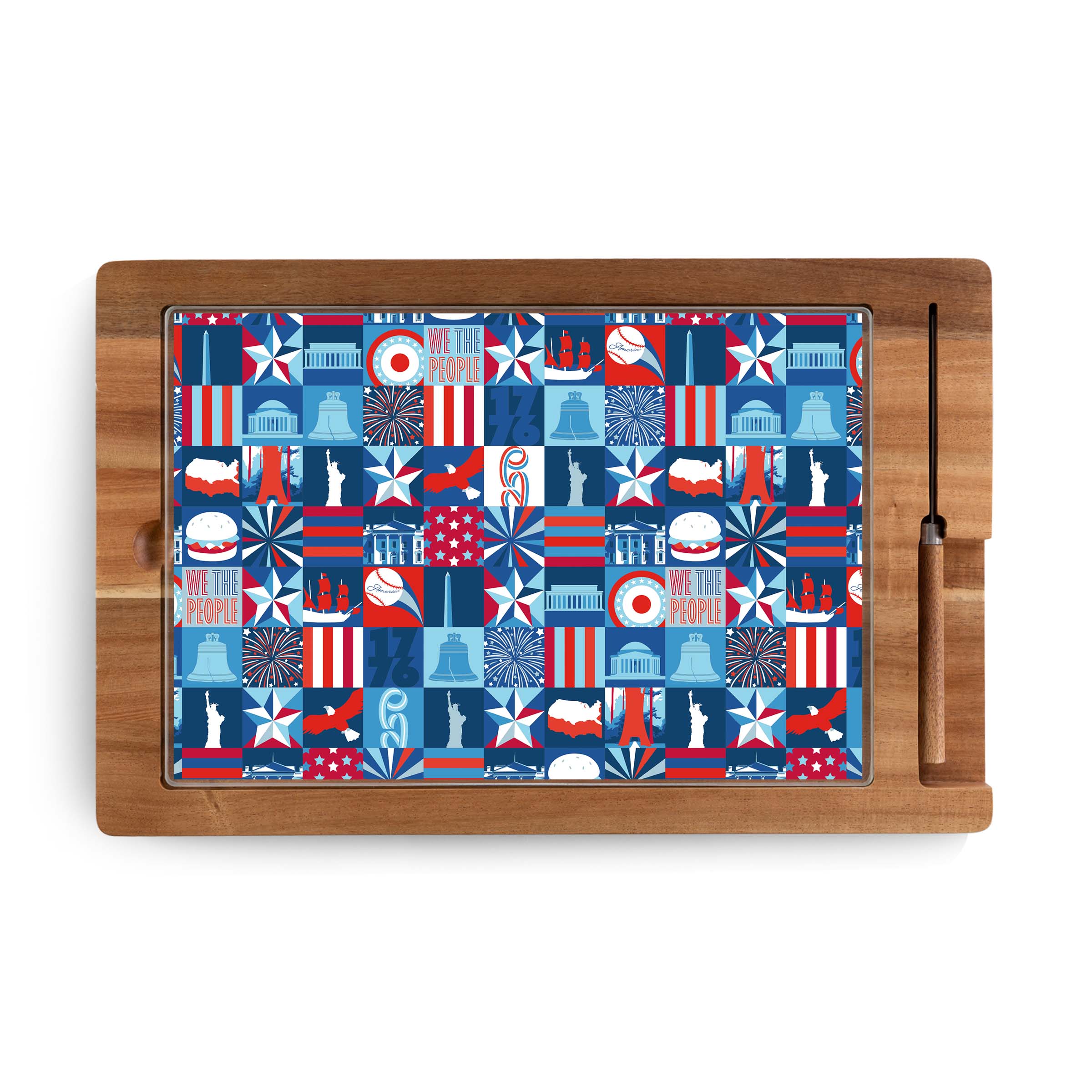 America250 Multiple Red, White, Blue - Ventana Tempered Glass and Acacia Cheese Board and Knife Set