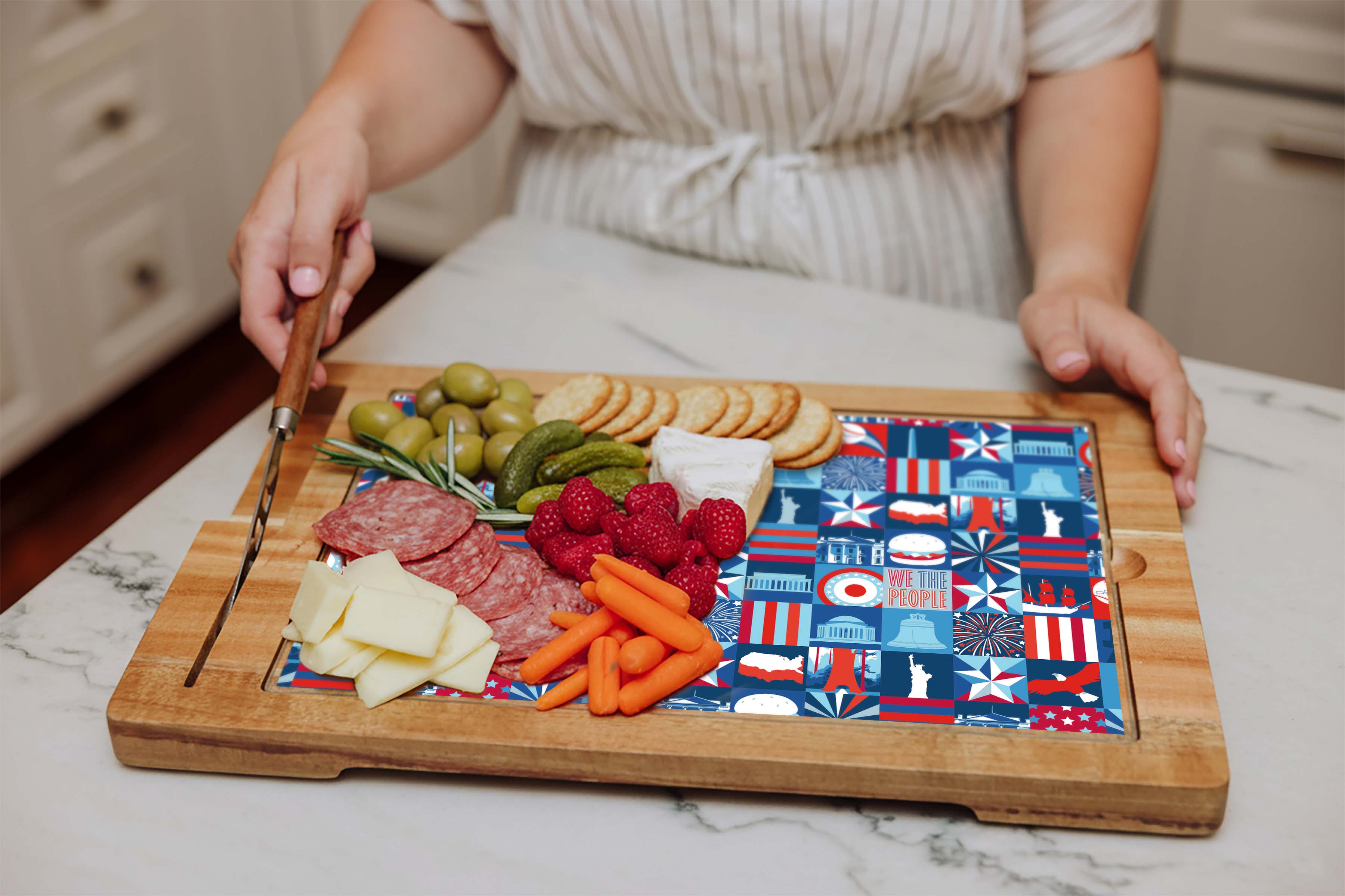 America250 Multiple Red, White, Blue - Ventana Tempered Glass and Acacia Cheese Board and Knife Set