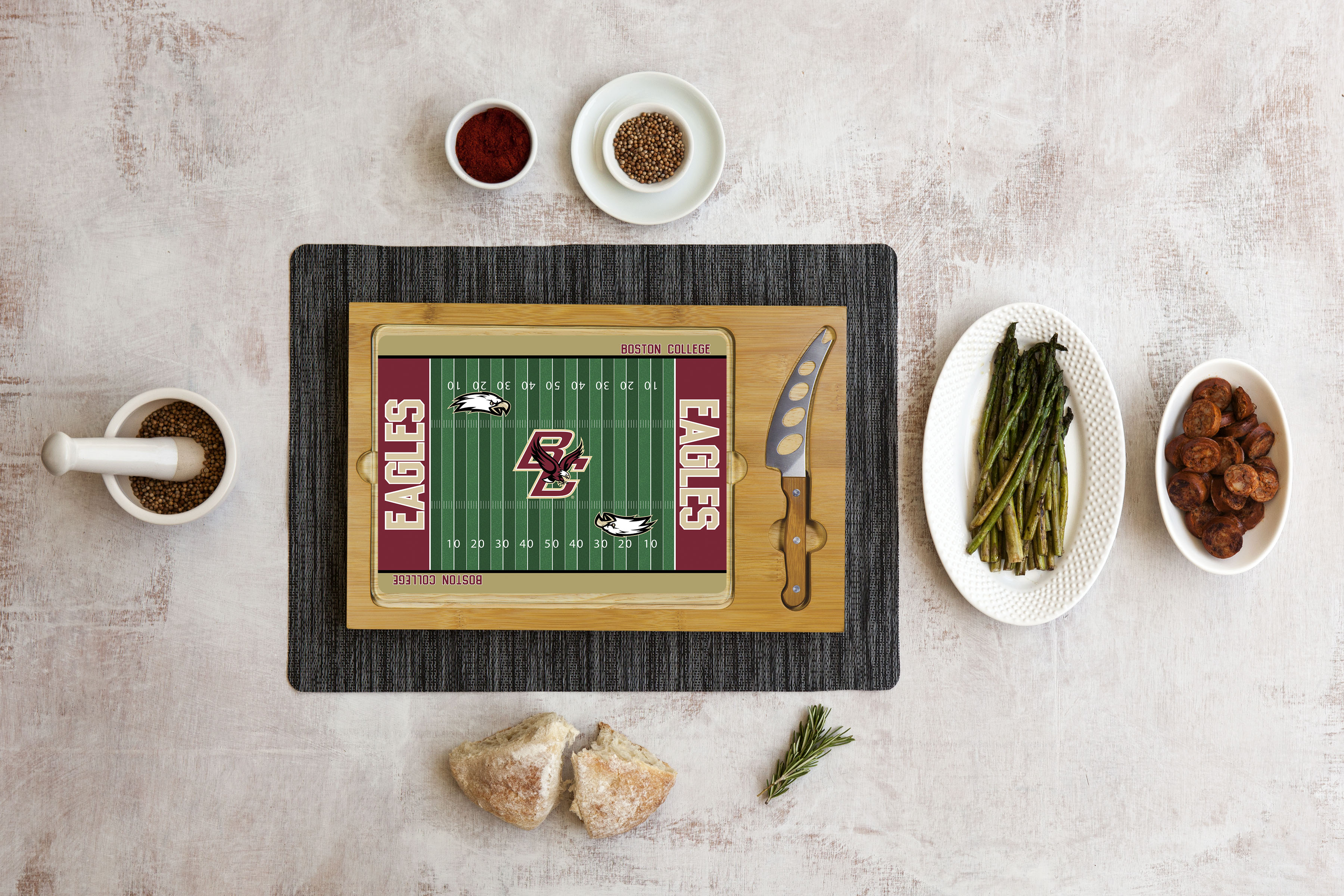 Boston College Eagles Football Field - Icon Glass Top Cutting Board & Knife Set