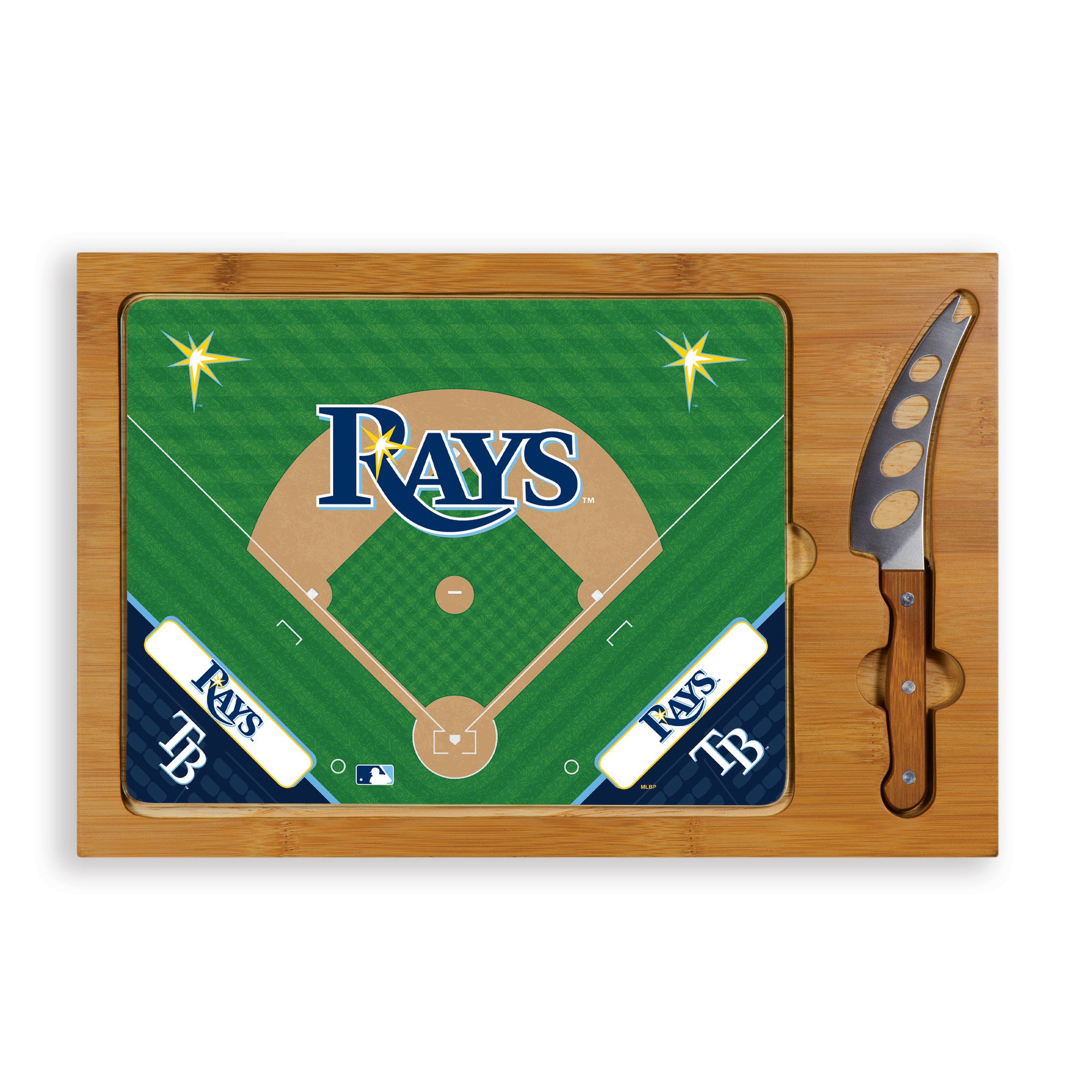 Tampa Bay Rays Baseball Diamond - Icon Glass Top Cutting Board & Knife Set