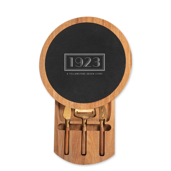 1923 Insignia Acacia and Slate Serving Board with Cheese Tools