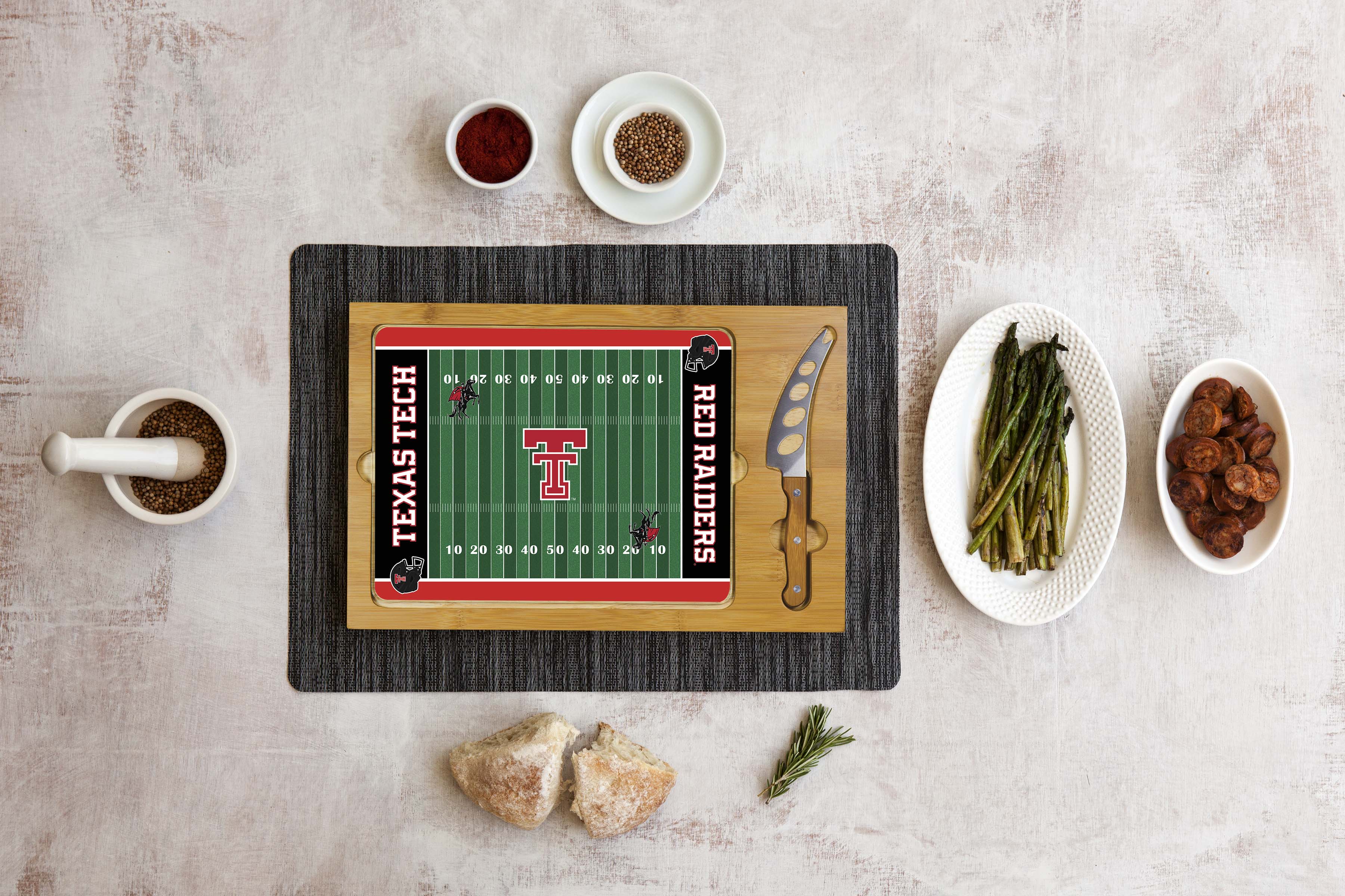 Texas Tech Red Raiders Football Field - Icon Glass Top Cutting Board & Knife Set