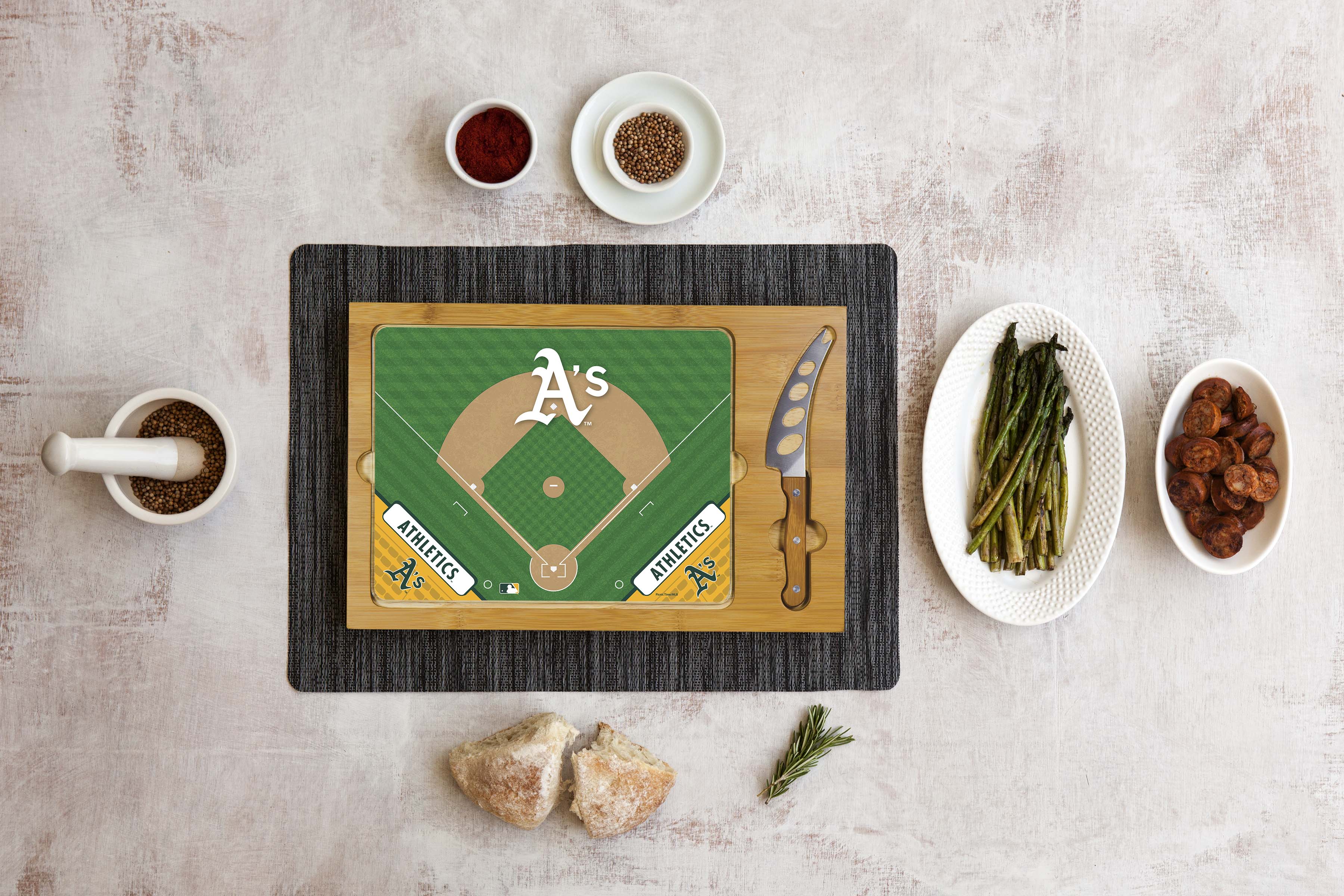 Oakland Athletics Baseball Diamond - Icon Glass Top Cutting Board & Knife Set