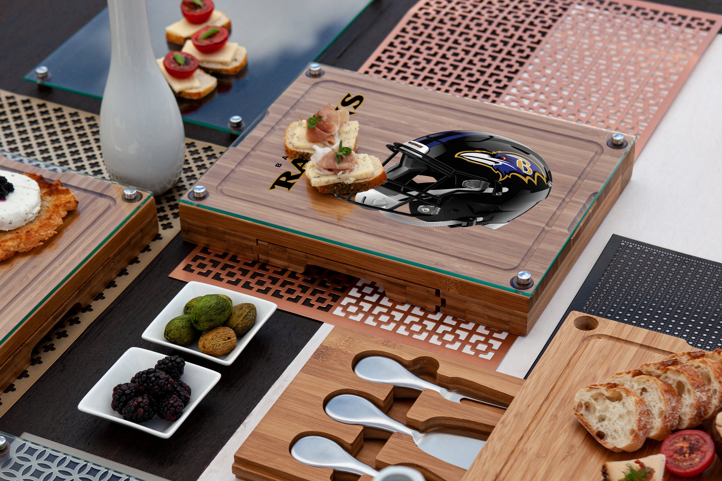 Baltimore Ravens - Concerto Glass Top Cheese Cutting Board & Tools Set