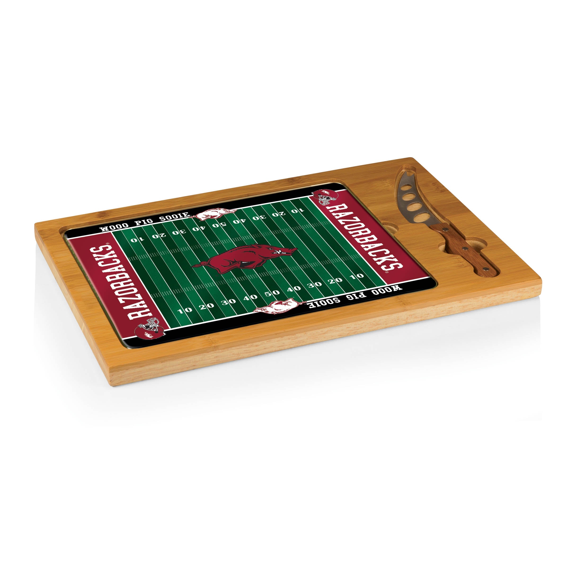 Arkansas Razorbacks Football Field - Icon Glass Top Cutting Board & Knife Set