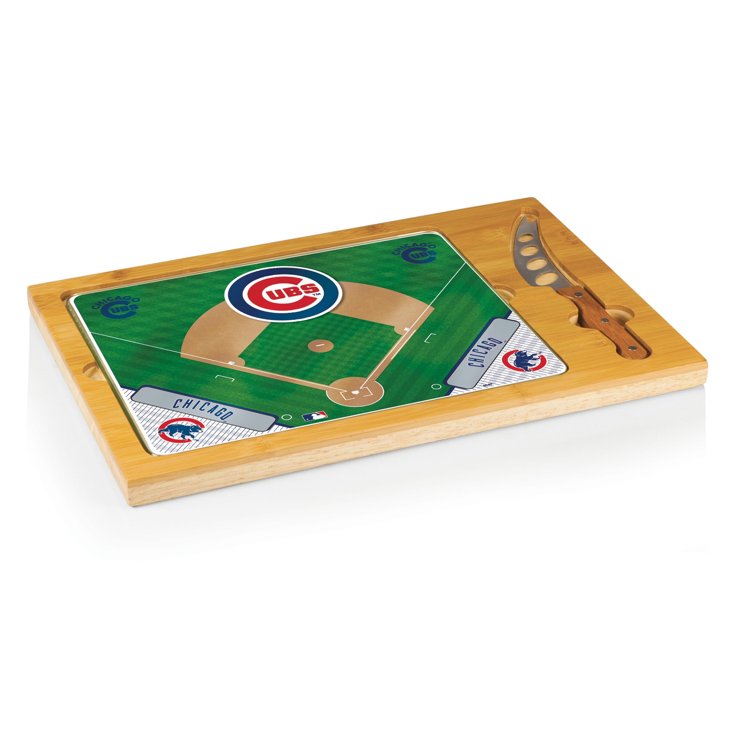 Chicago Cubs Baseball Diamond - Icon Glass Top Cutting Board & Knife Set