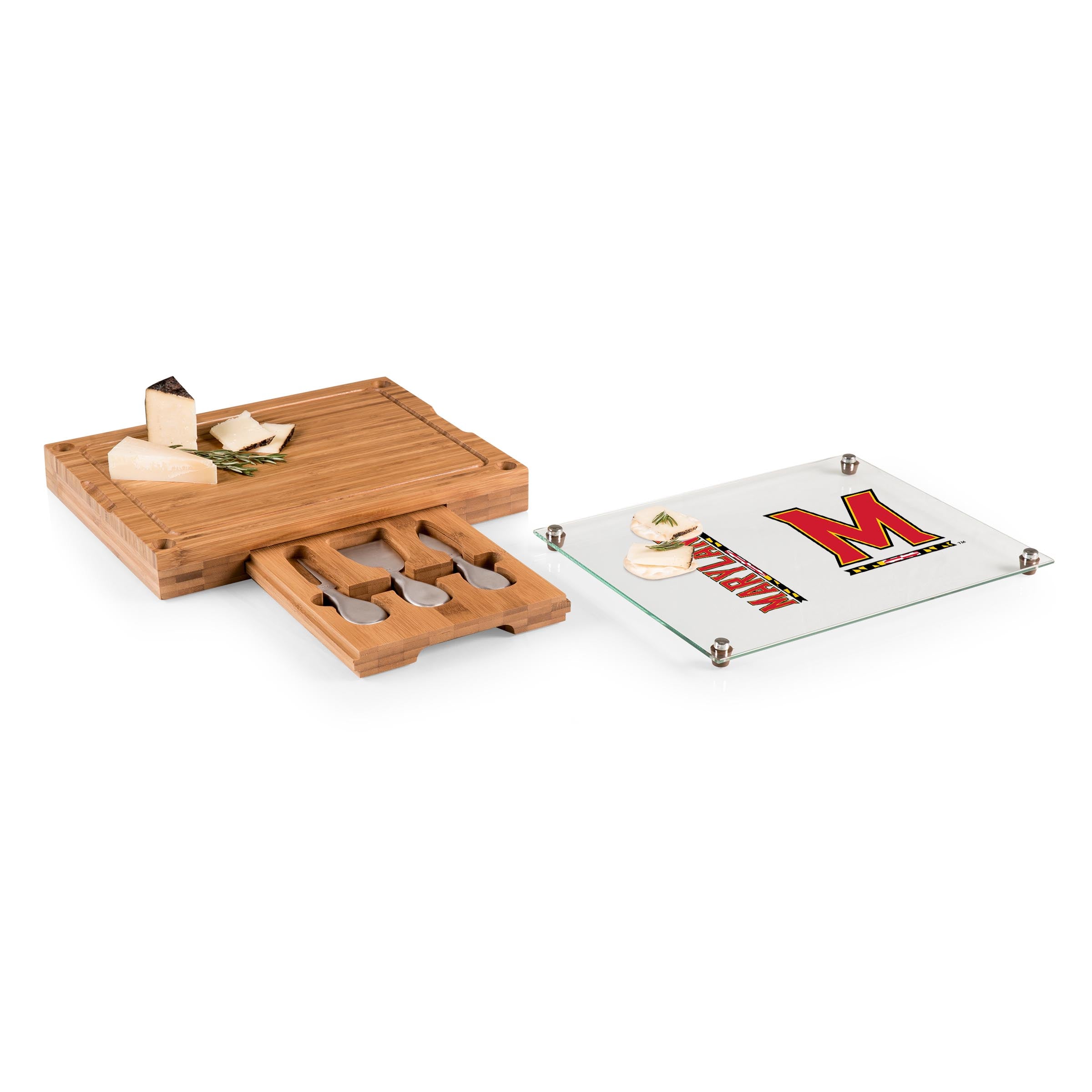 Maryland Terrapins - Concerto Glass Top Cheese Cutting Board & Tools Set