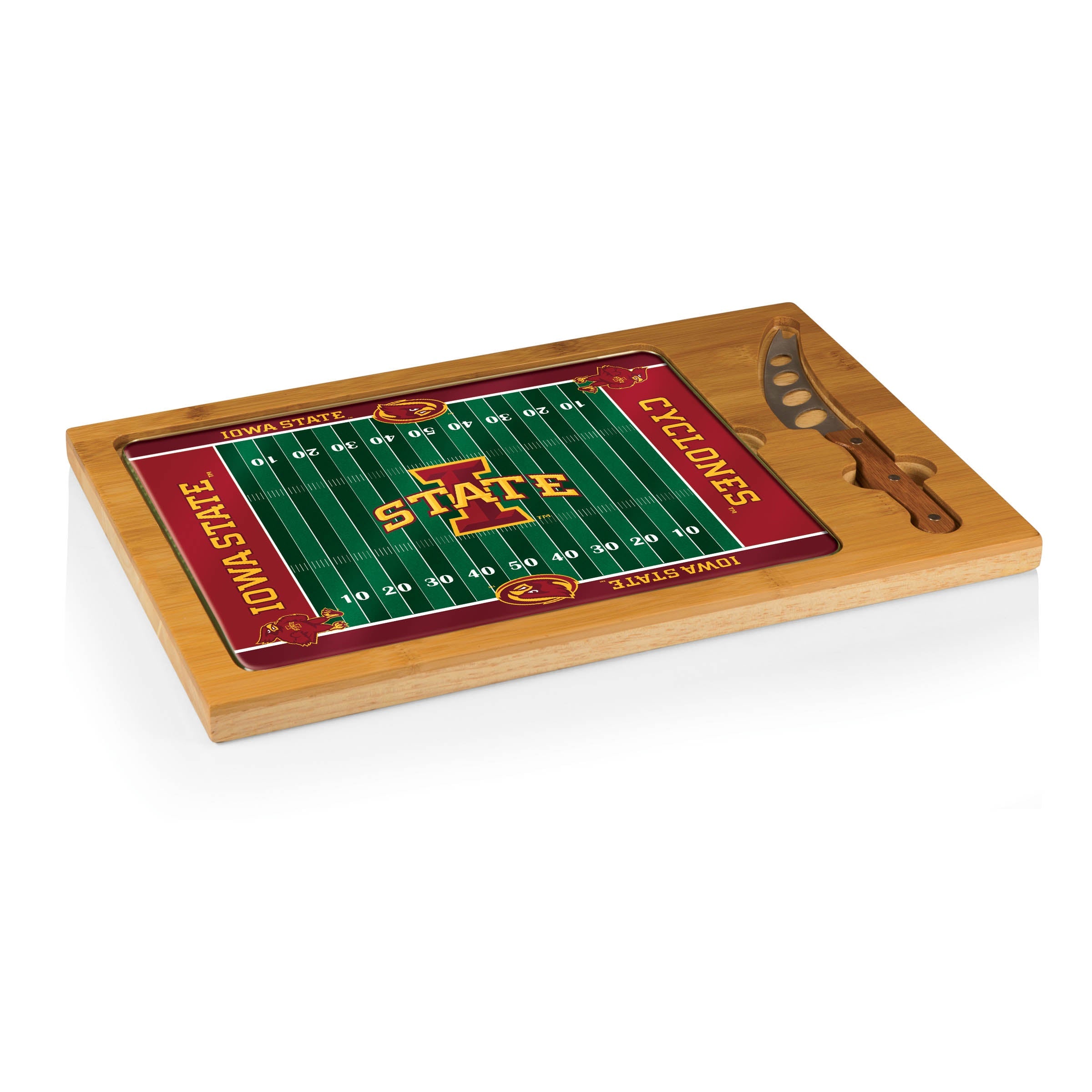 Iowa State Cyclones Football Field - Icon Glass Top Cutting Board & Knife Set