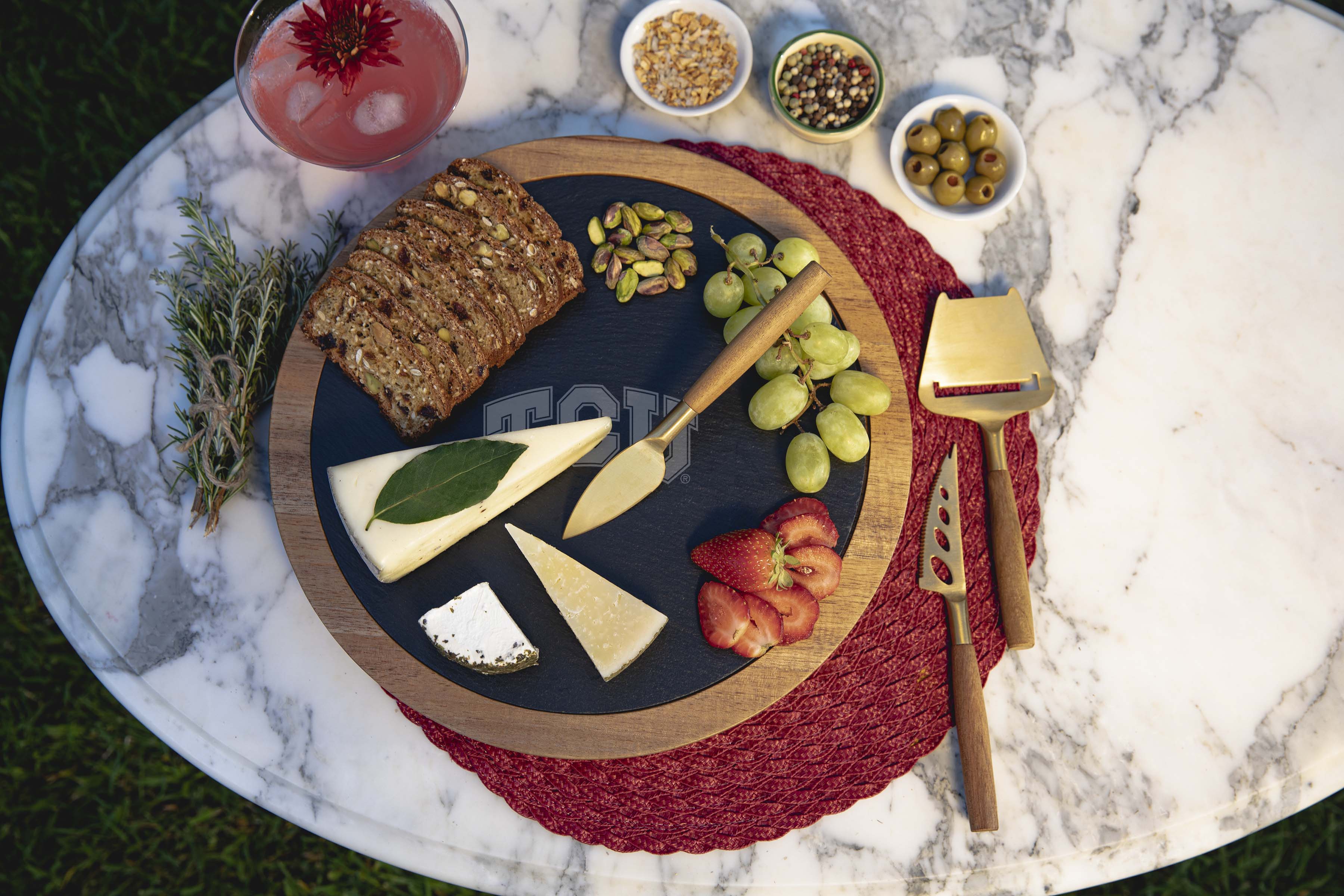 TCU Horned Frogs - Insignia Acacia and Slate Serving Board with Cheese Tools