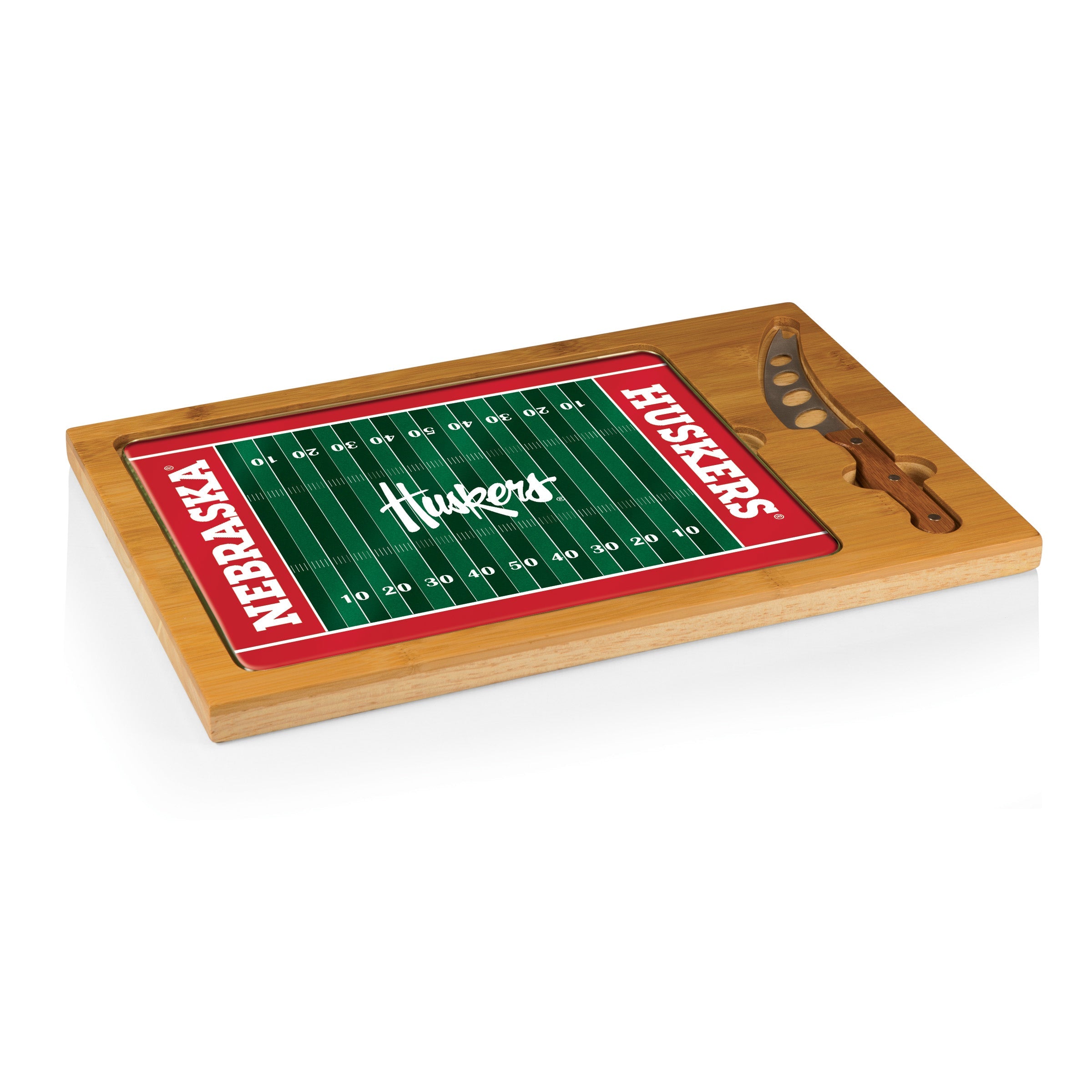 Nebraska Cornhuskers Football Field - Icon Glass Top Cutting Board & Knife Set