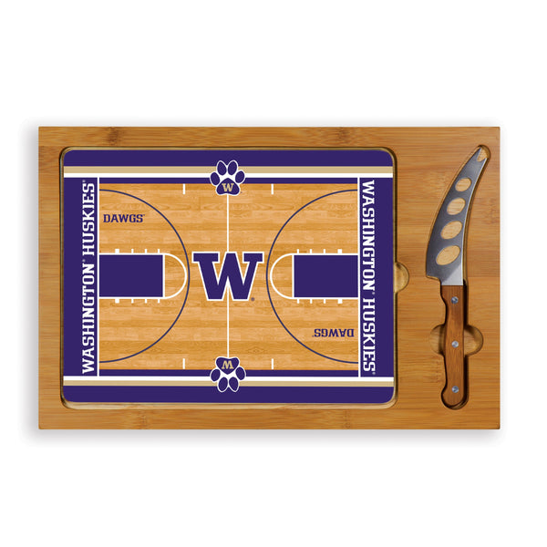 Washington Huskies Basketball Court - Icon Glass Top Cutting Board & Knife Set