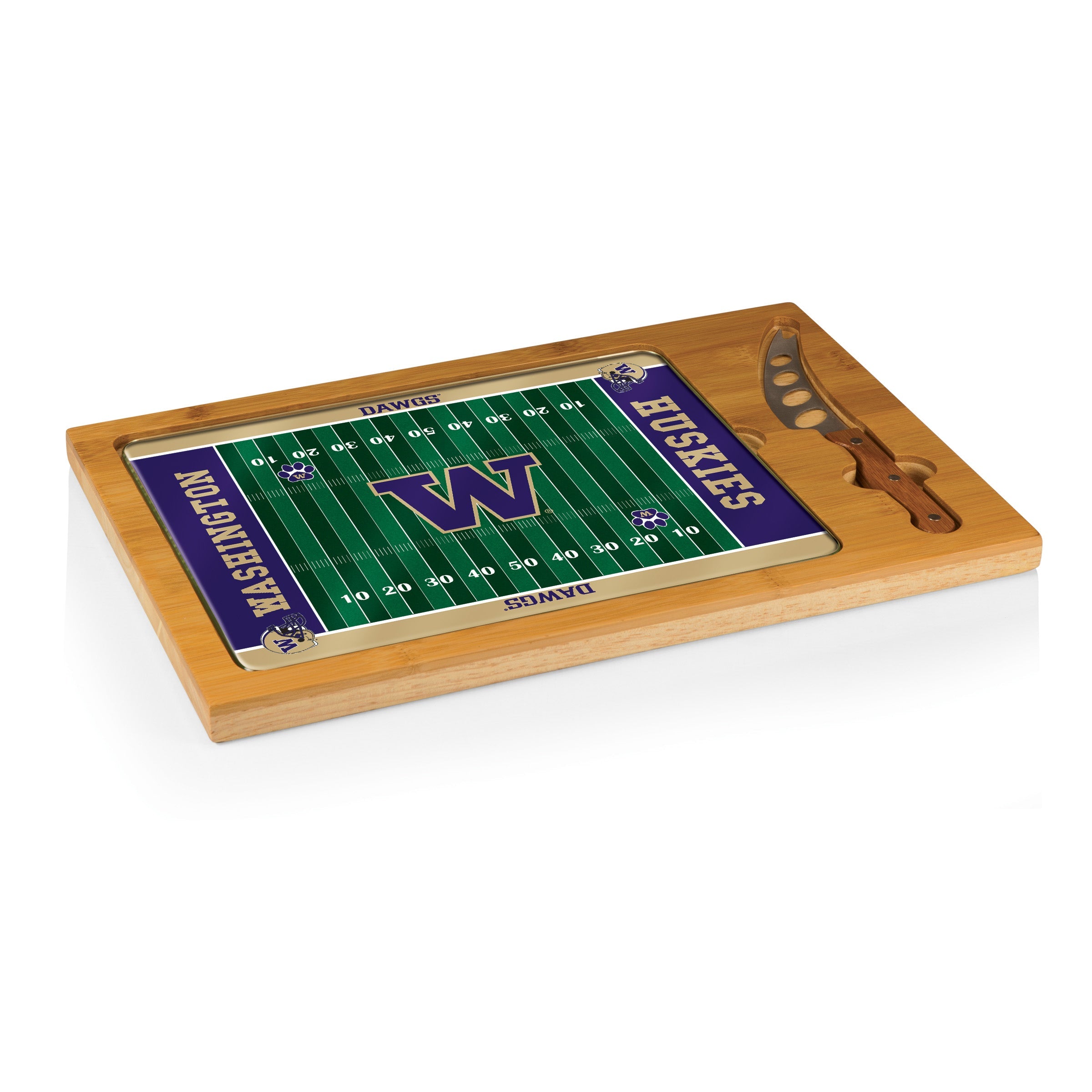 Washington Huskies Football Field - Icon Glass Top Cutting Board & Knife Set