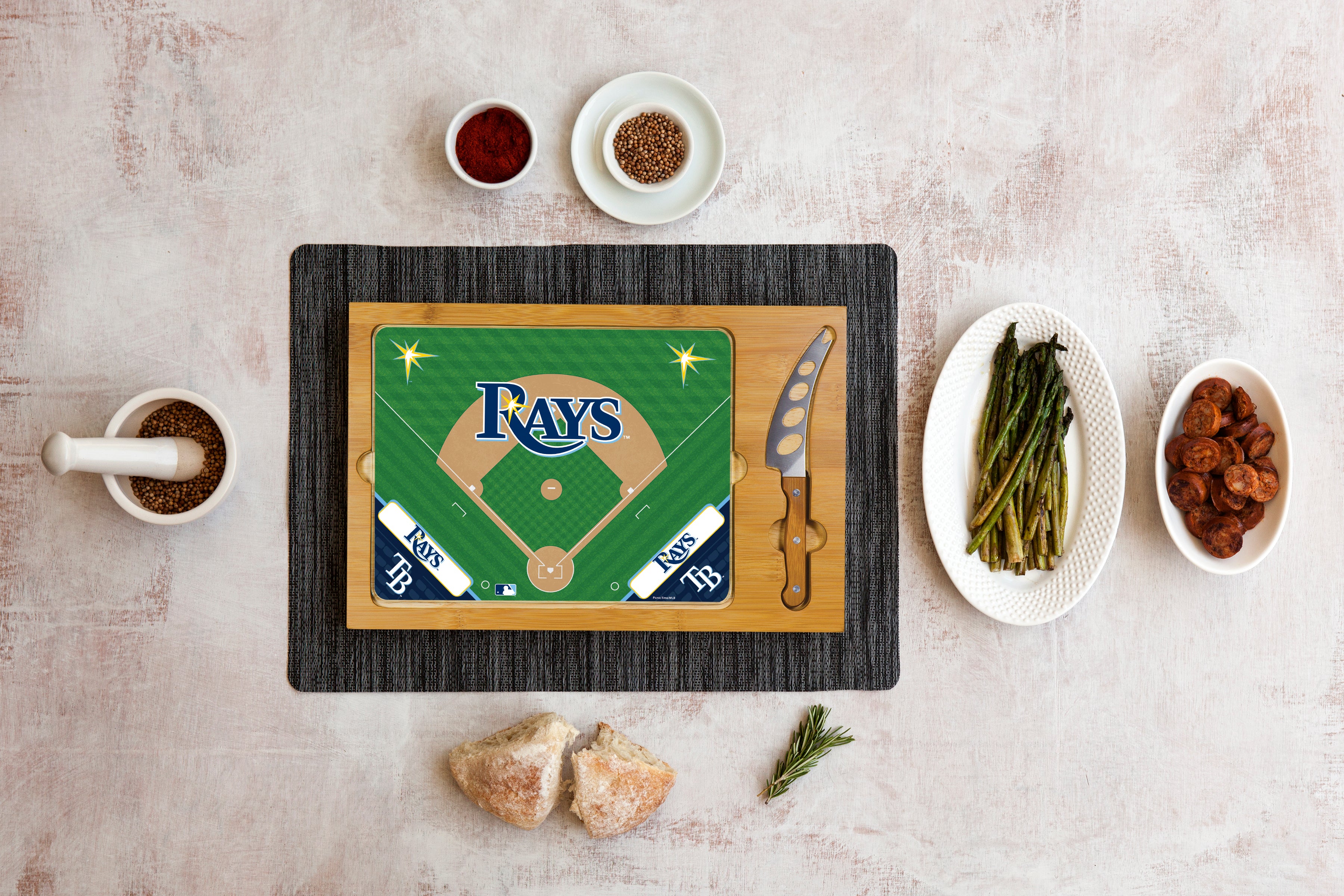 Tampa Bay Rays Baseball Diamond - Icon Glass Top Cutting Board & Knife Set