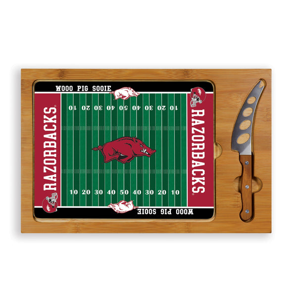 Arkansas Razorbacks Football Field - Icon Glass Top Cutting Board & Knife Set