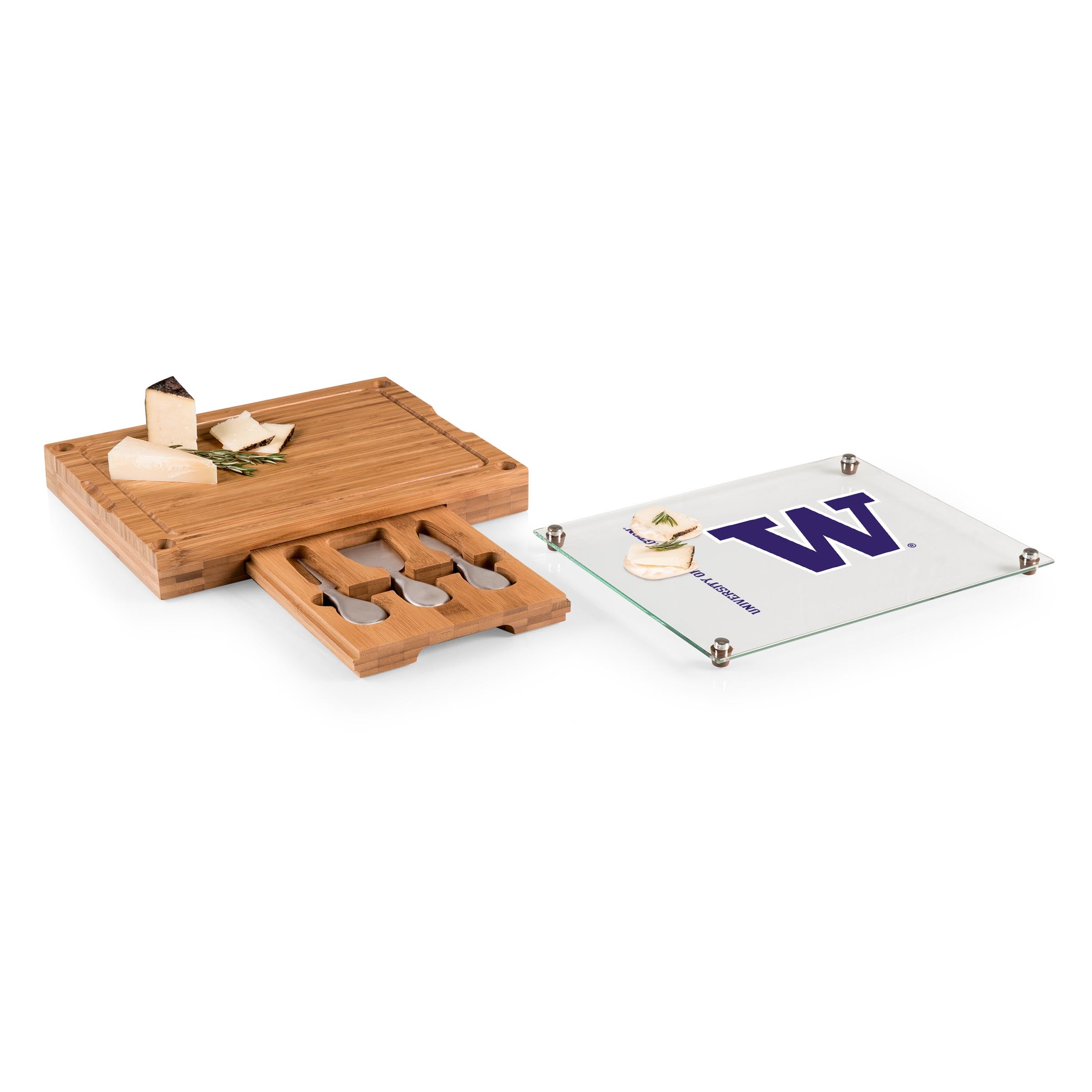 Washington Huskies - Concerto Glass Top Cheese Cutting Board & Tools Set