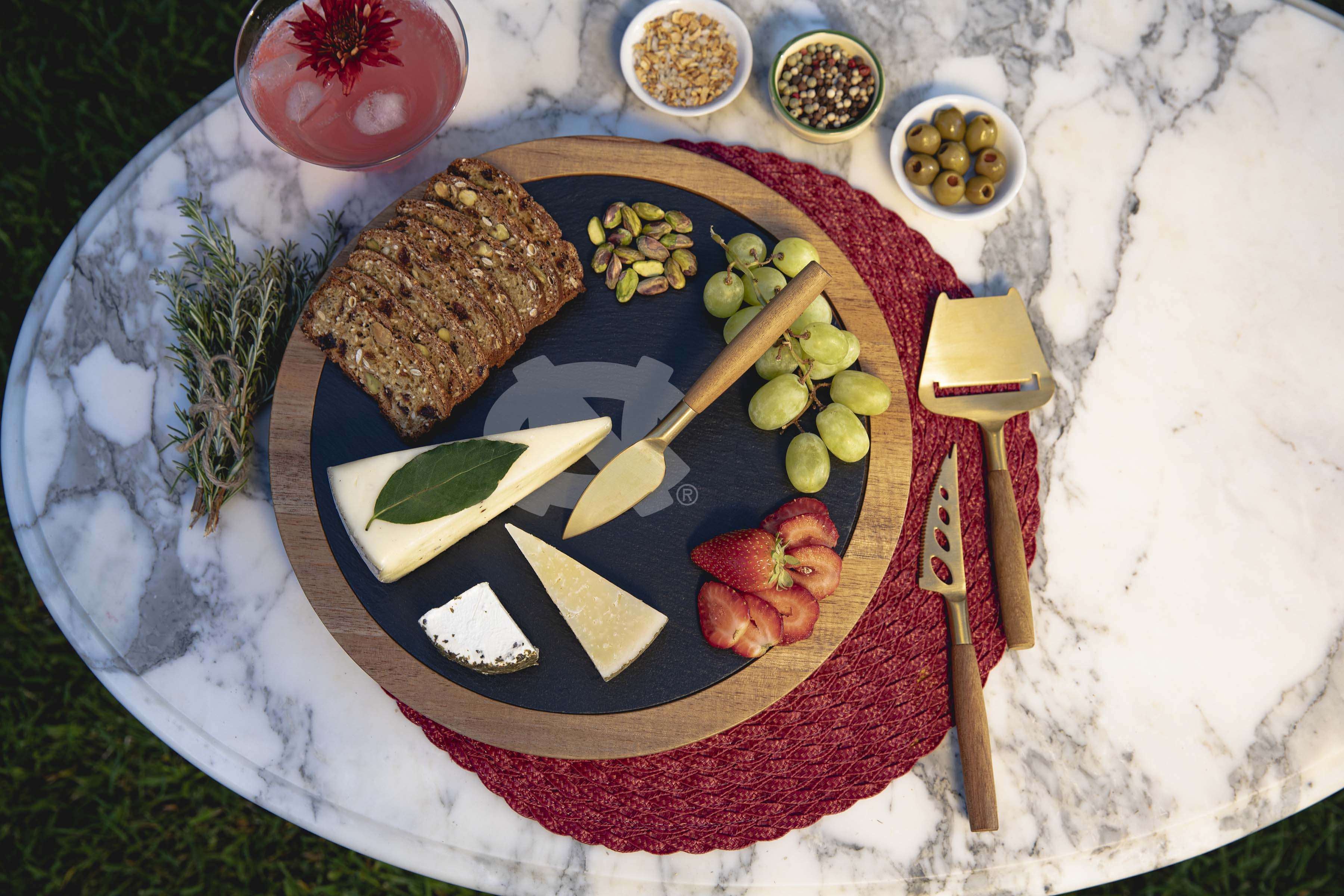 North Carolina Tar Heels - Insignia Acacia and Slate Serving Board with Cheese Tools