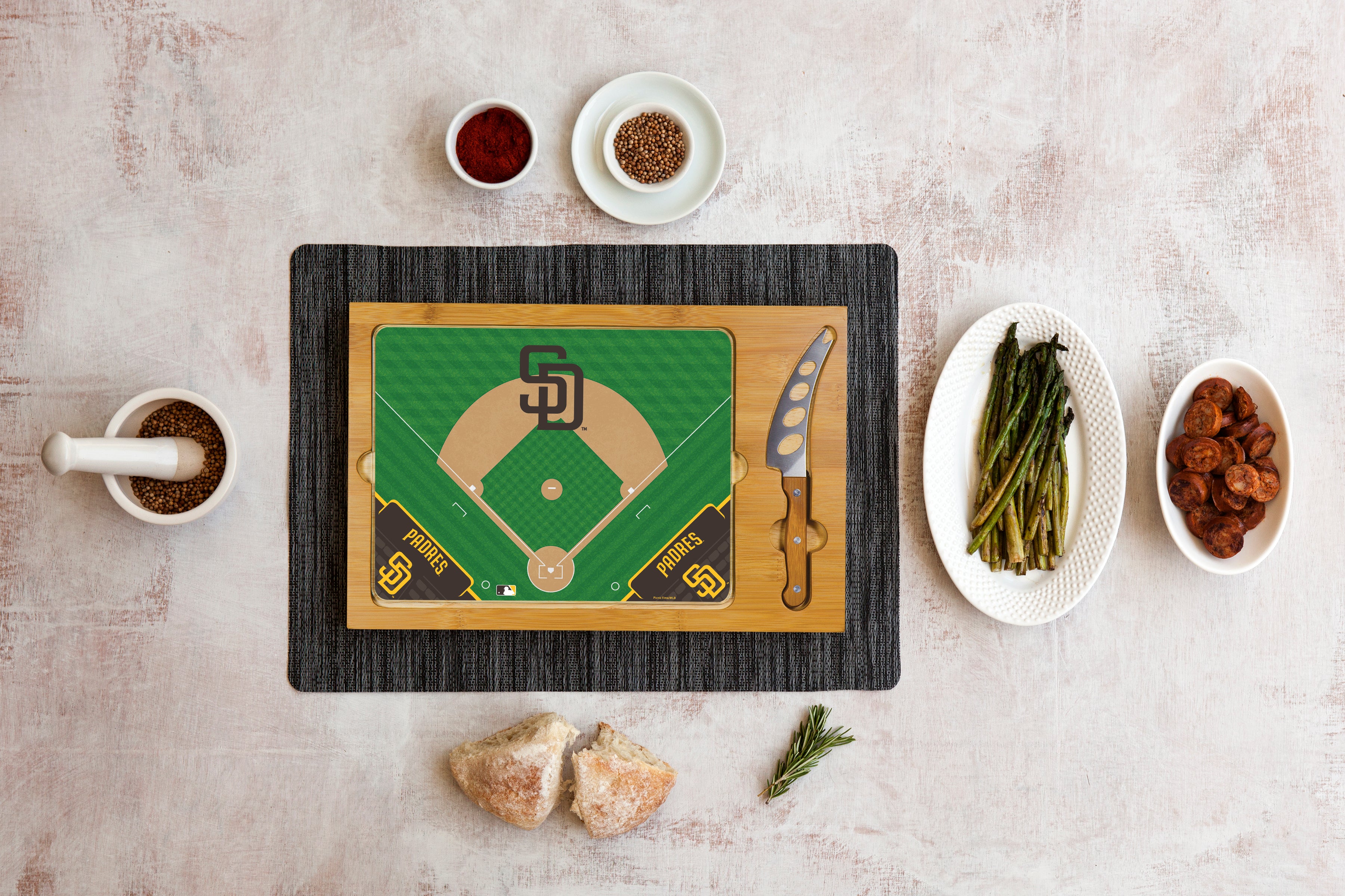 San Diego Padres Baseball Diamond - Icon Glass Top Cutting Board & Knife Set