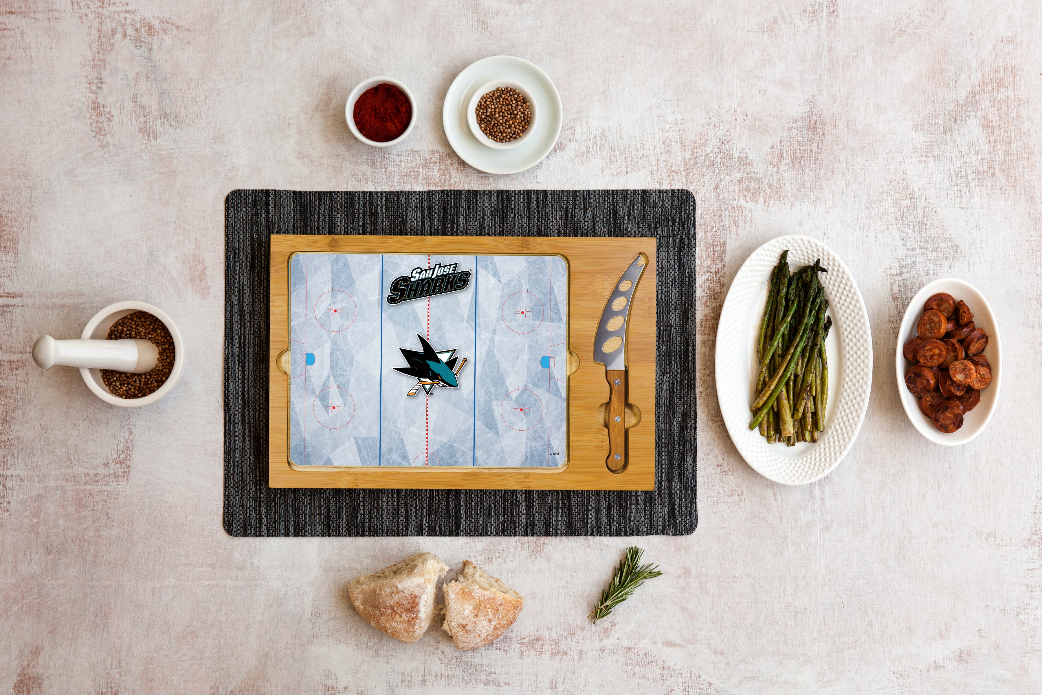 San Jose Sharks Hockey Rink - Icon Glass Top Cutting Board & Knife Set